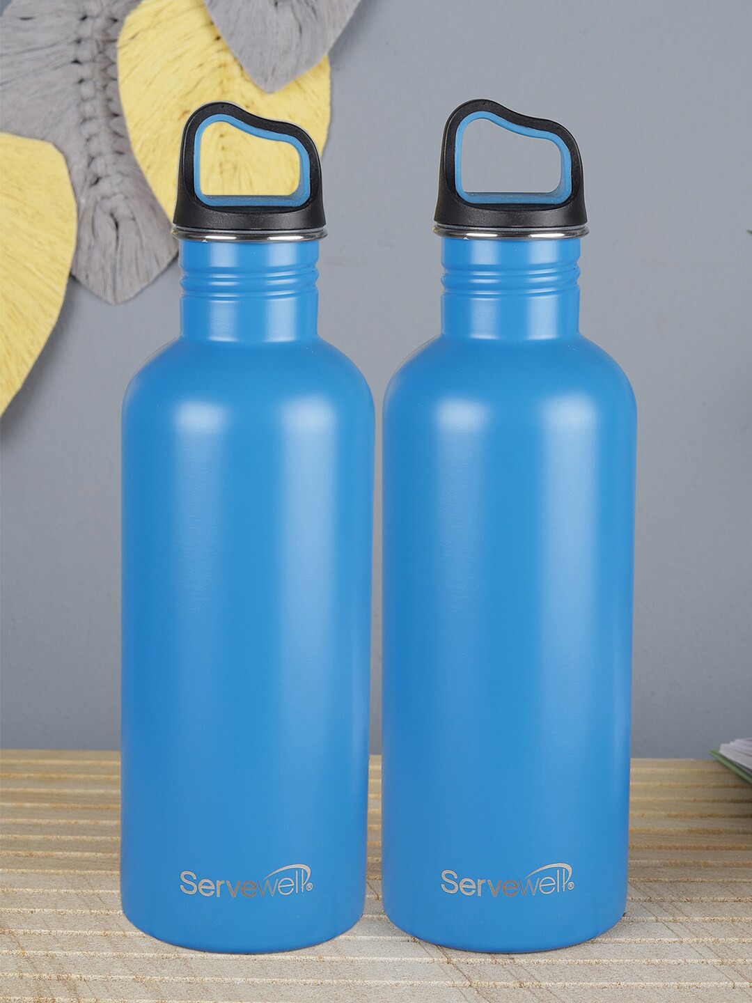 

Servewell Set Of 2 Blue Solid Printed Stainless Steel Single Wall Water Bottles 1000 ml
