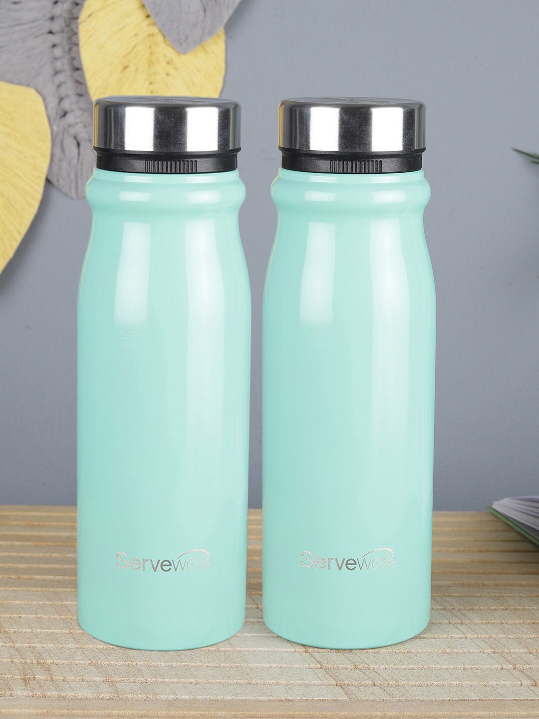 

Servewell Set Of 2 Sea Green & Silver-Toned Solid Hudson Stainless Steel Single Wall Fridge Bottles 1100 ML