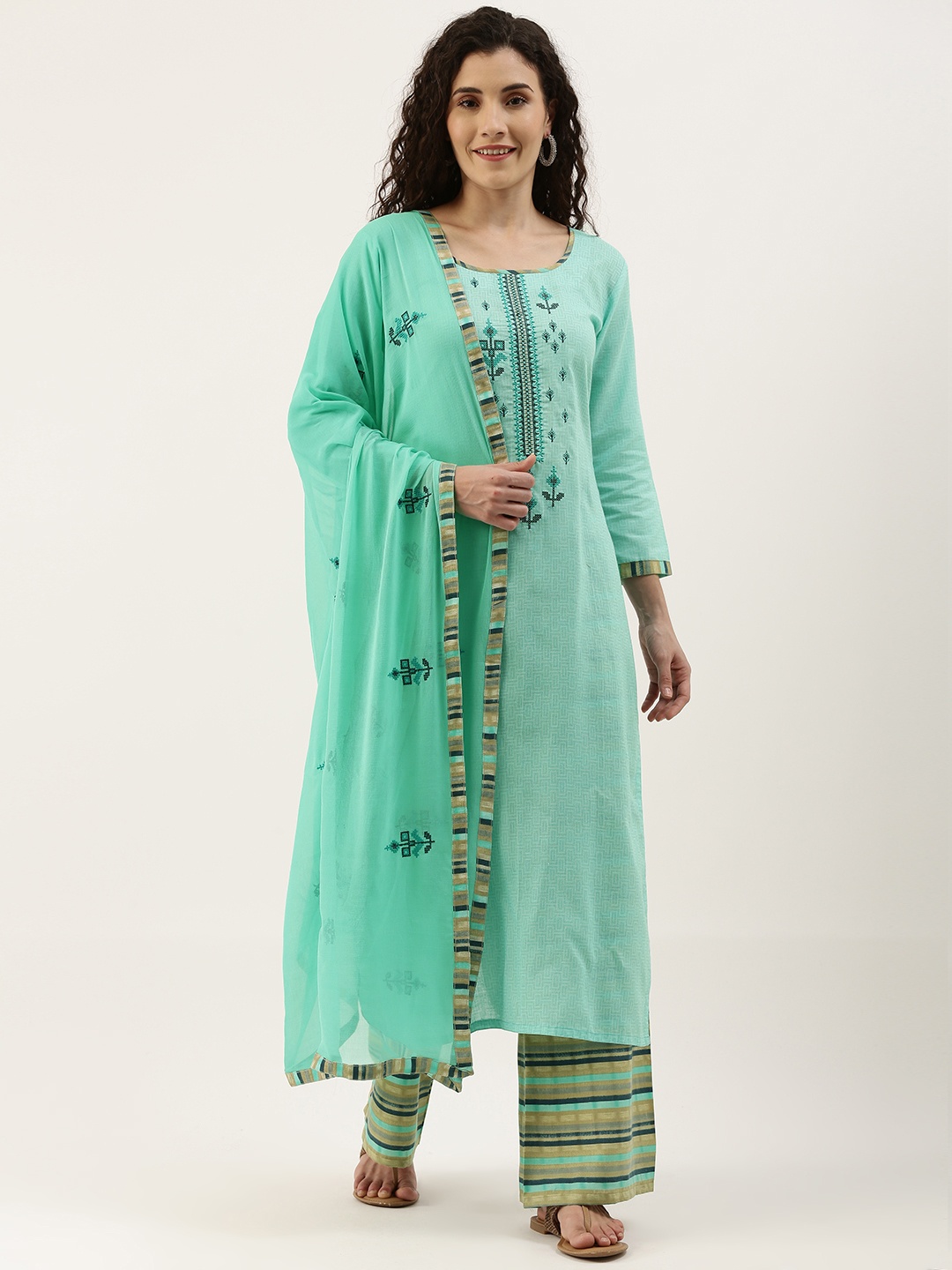 

SheWill Sea Green & Brown Embroidered Unstitched Dress Material