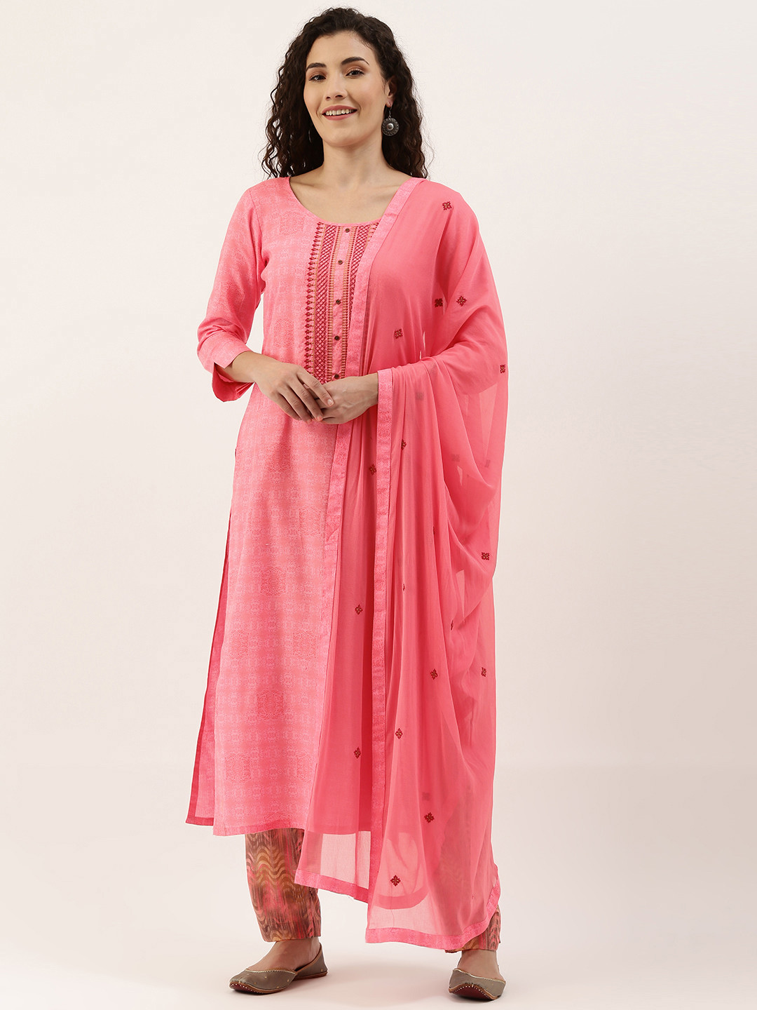 

SheWill Pink & Olive Green Embroidered Unstitched Dress Material