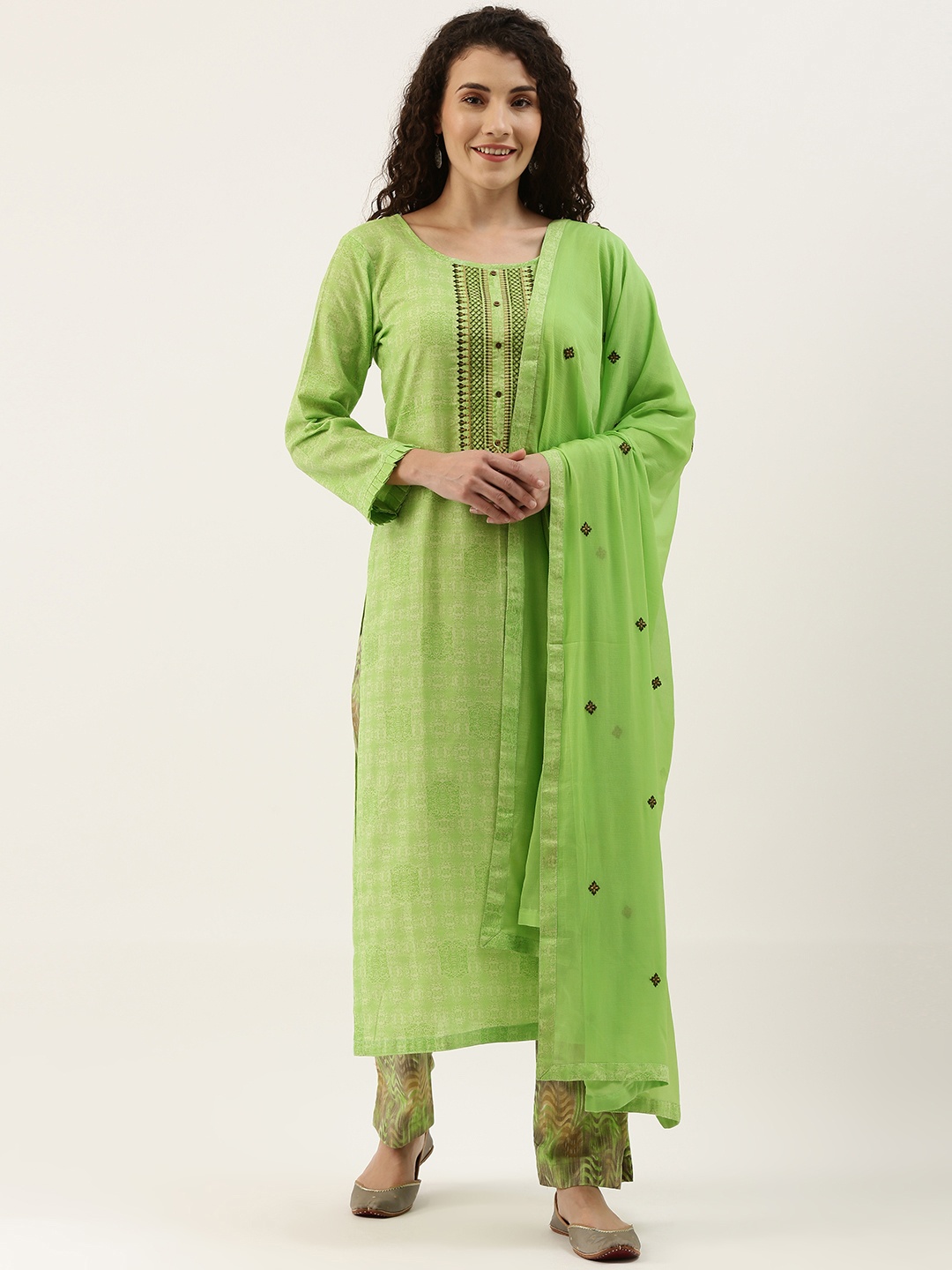 

SheWill Green & Brown Embroidered Unstitched Dress Material