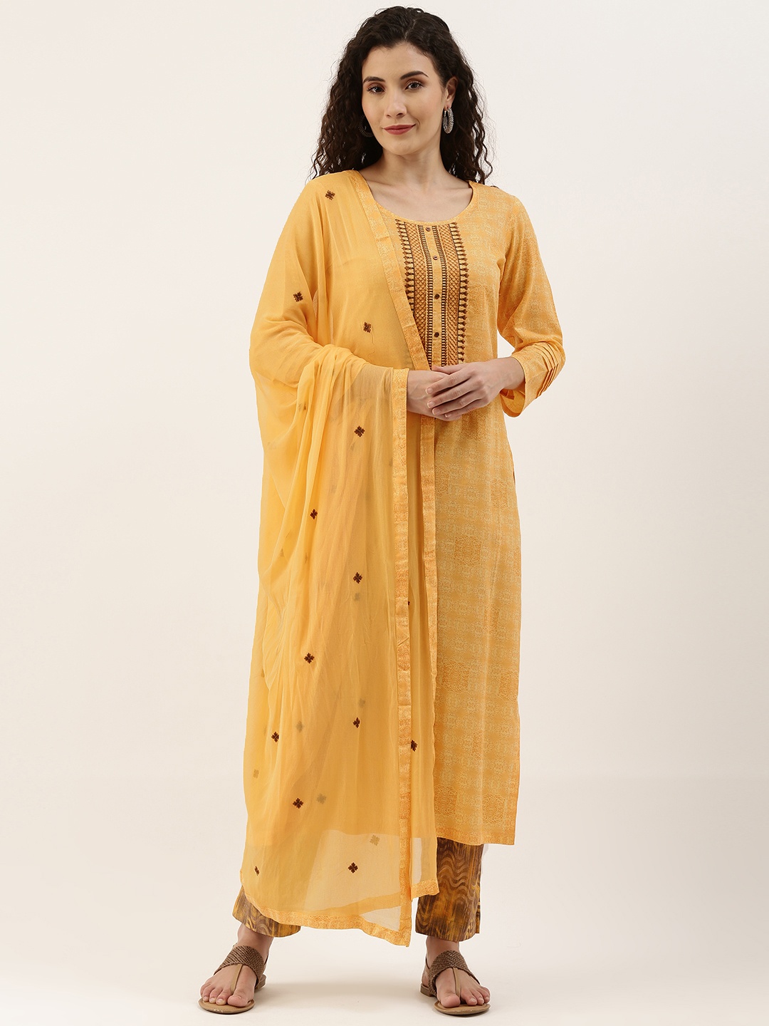 

SheWill Yellow & Brown Embroidered Unstitched Dress Material