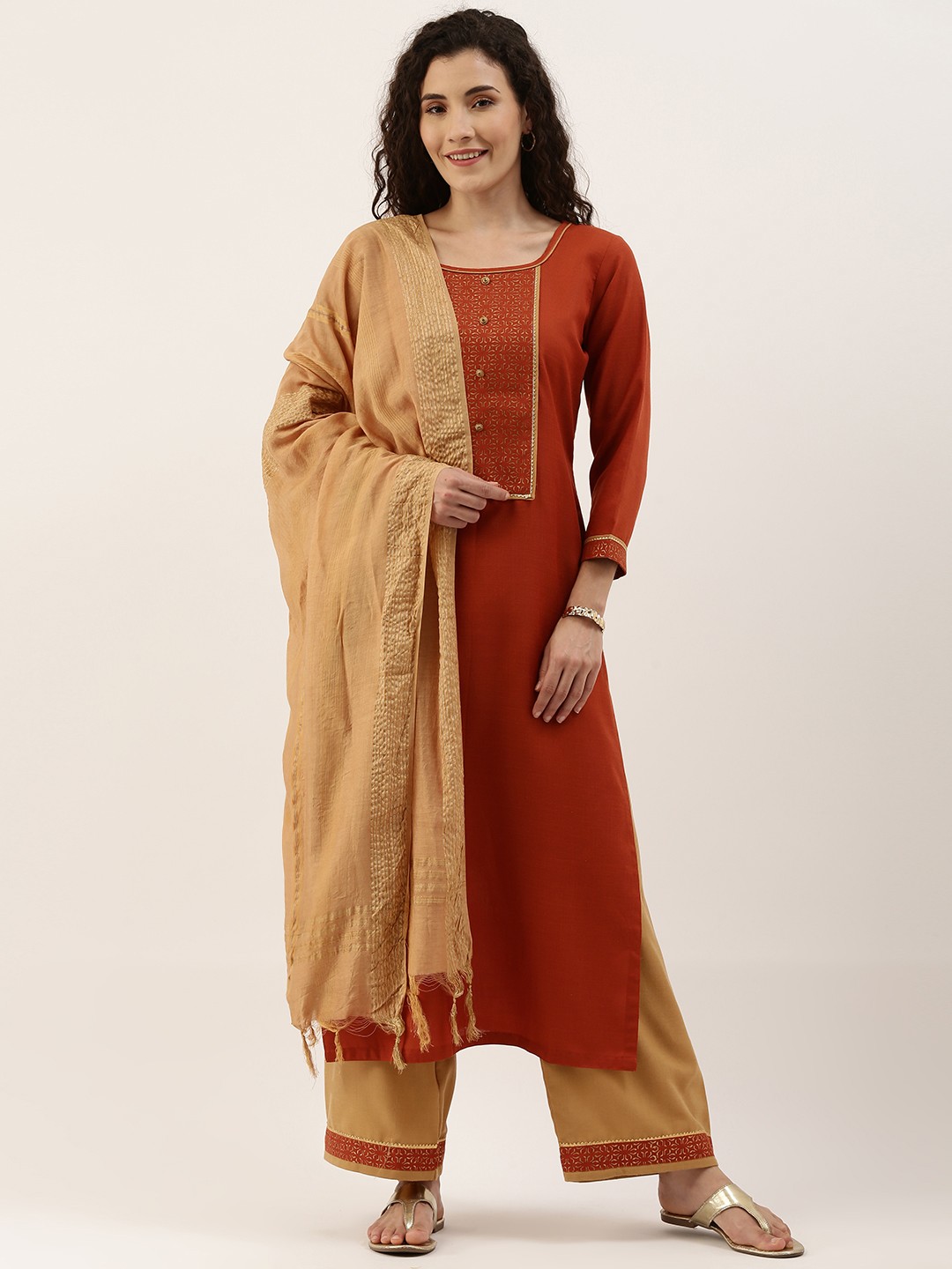 

SheWill Rust Orange & Beige Printed Unstitched Dress Material
