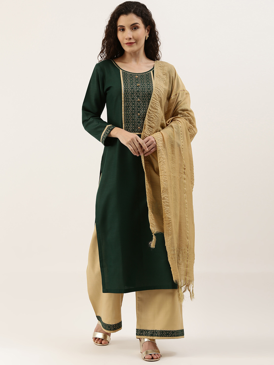 

SheWill Green & Beige Printed Unstitched Dress Material