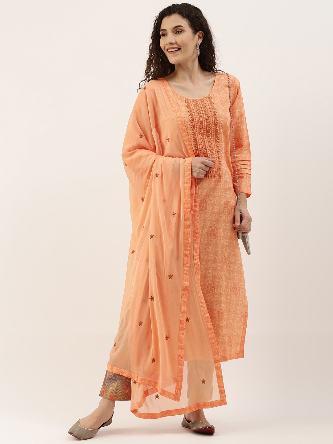 

SheWill Orange Printed Unstitched Dress Material With Embroidered Detailing