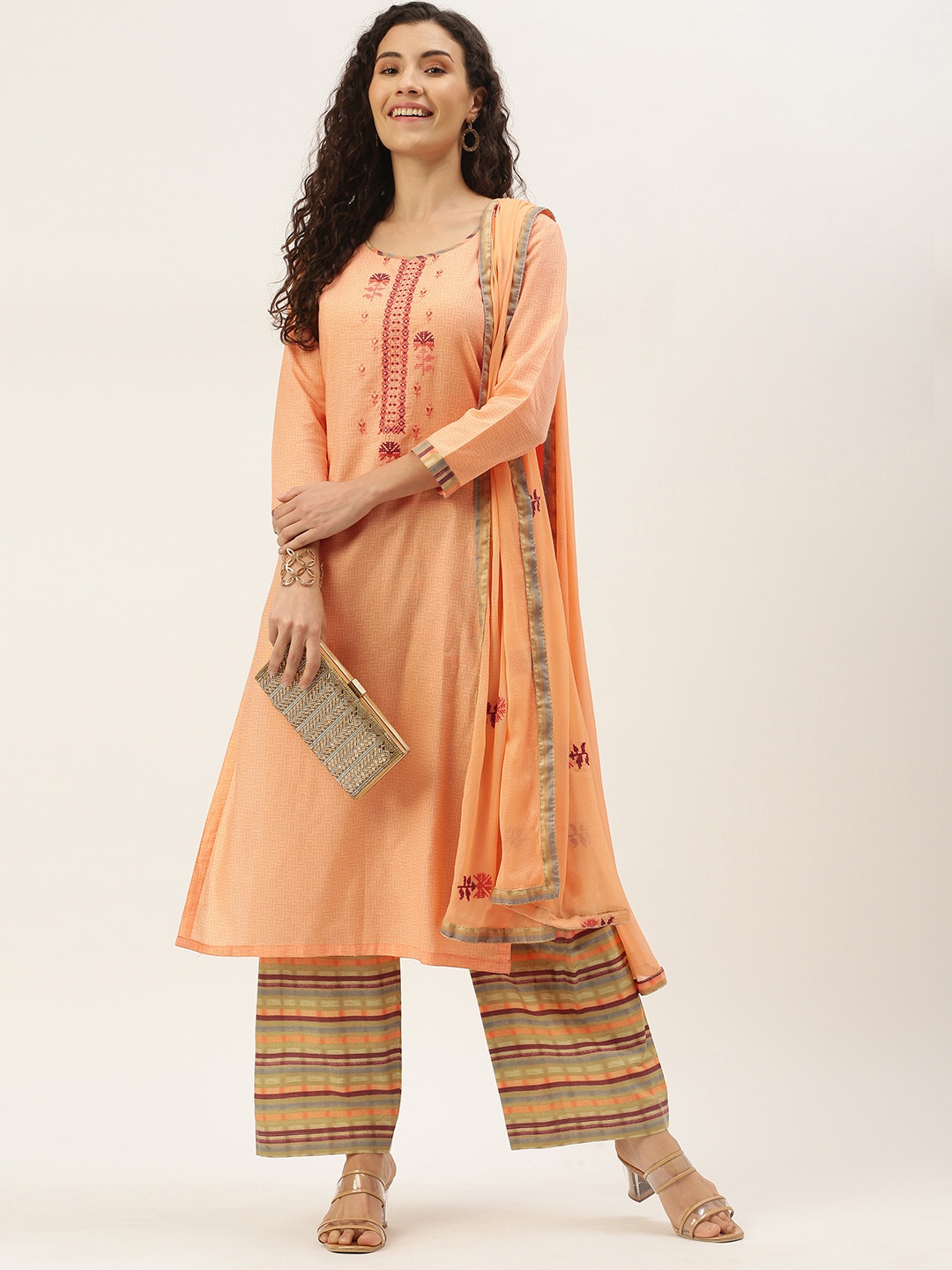 

SheWill Orange & Green Printed Unstitched Dress Material
