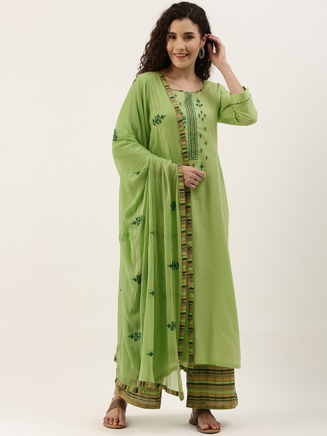 

SheWill Green & Brown Embroidered Unstitched Dress Material