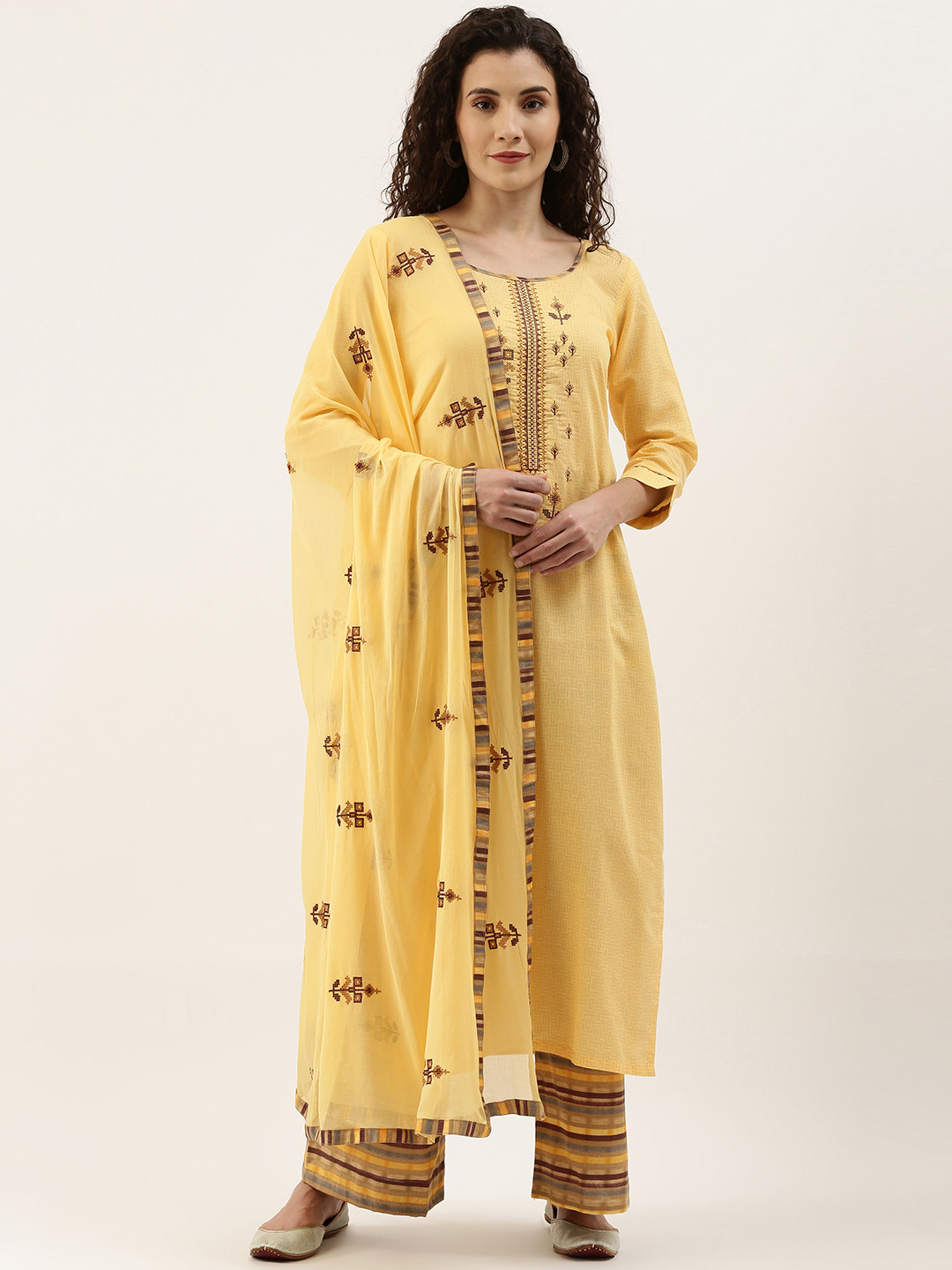 

SheWill Yellow & Brown Embroidered Unstitched Dress Material