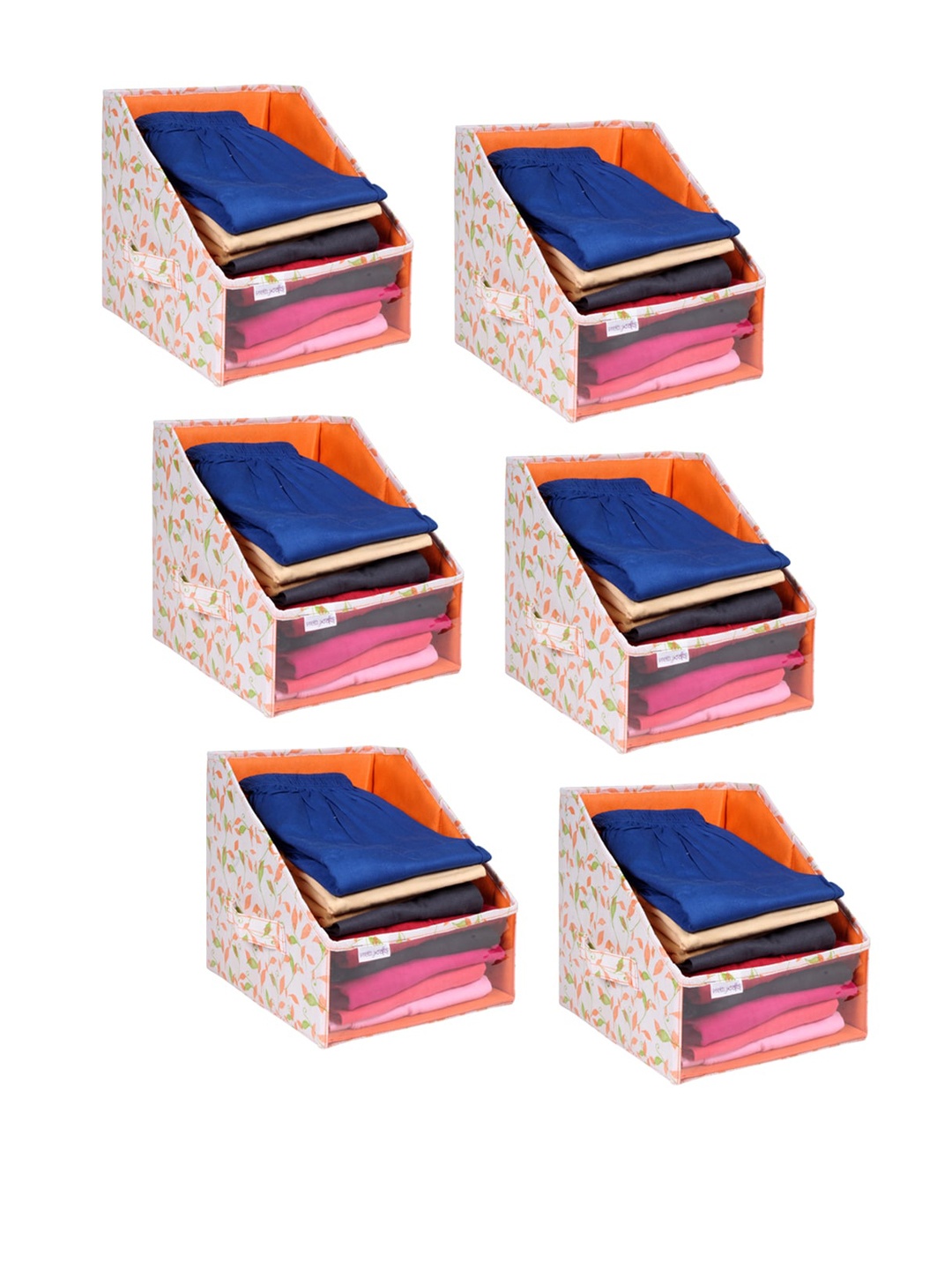 

prettykrafts Set Of 6 White & Orange Printed Leggings Stacker Closet Organisers