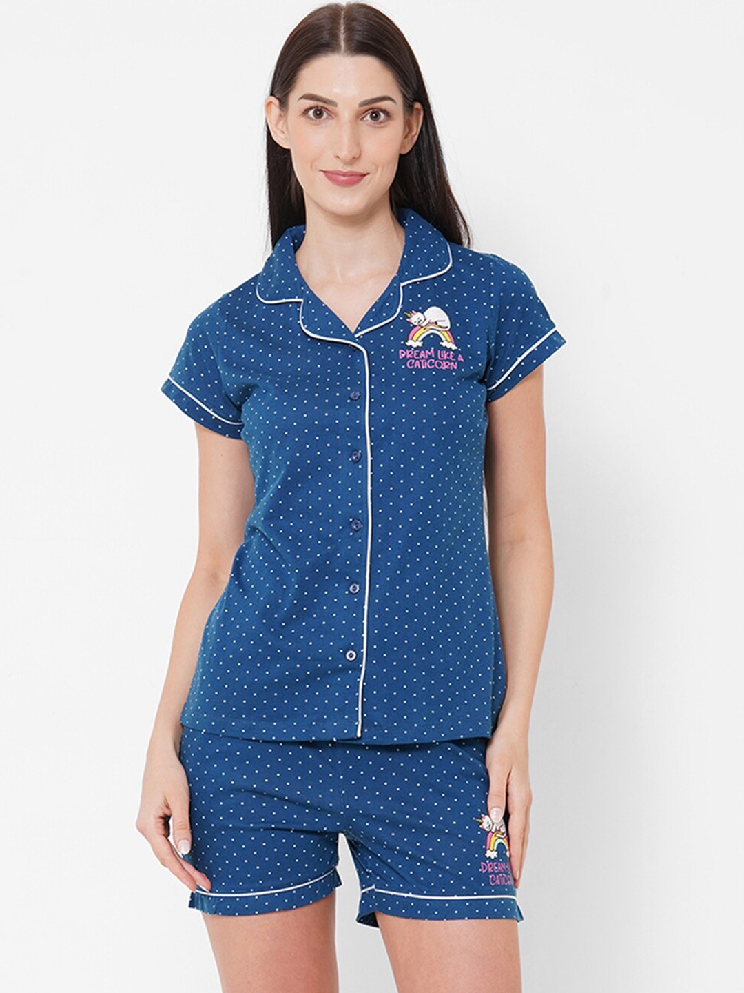 

Sweet Dreams Women Navy Blue & White Printed Night suit