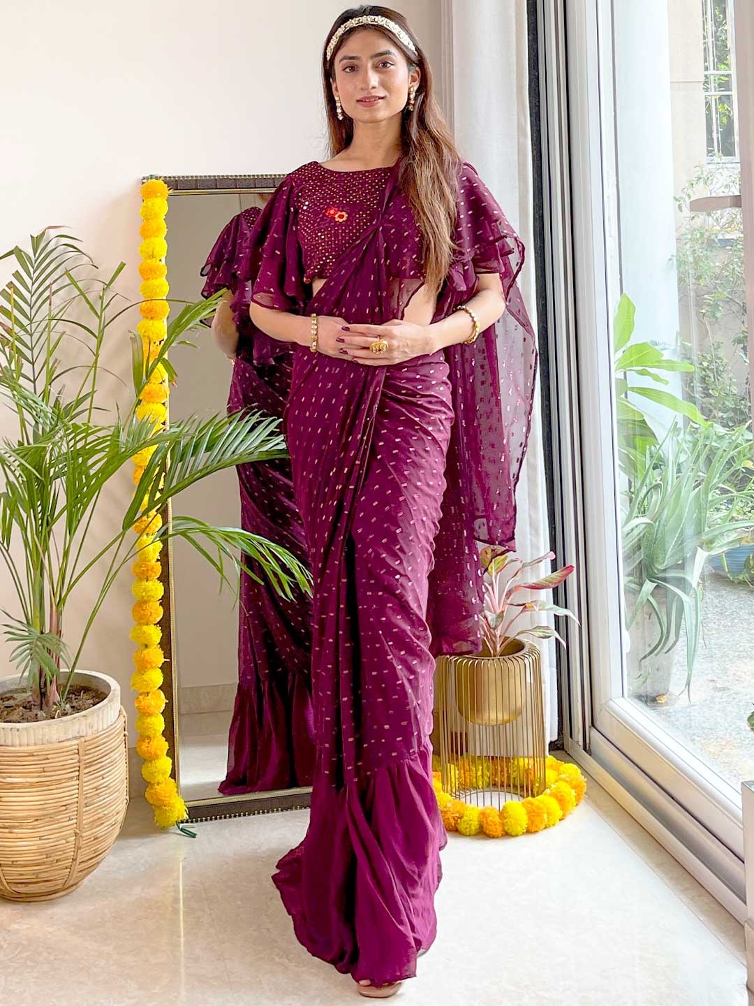 

Libas Burgundy Self-Design Pure Georgette Ready to Wear Saree
