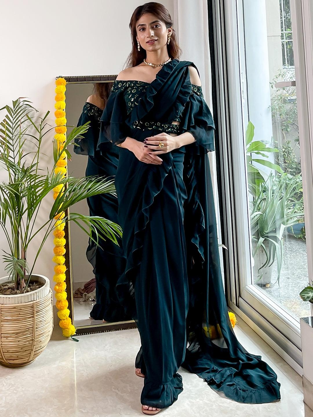 

Libas Green Sleek Pure Georgette Ruffle Saree