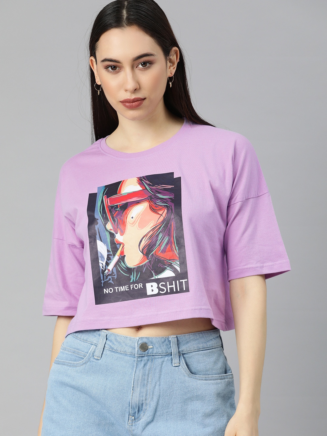 

JUNEBERRY Women Purple & Black Graphic Printed Crop Cotton T-shirt