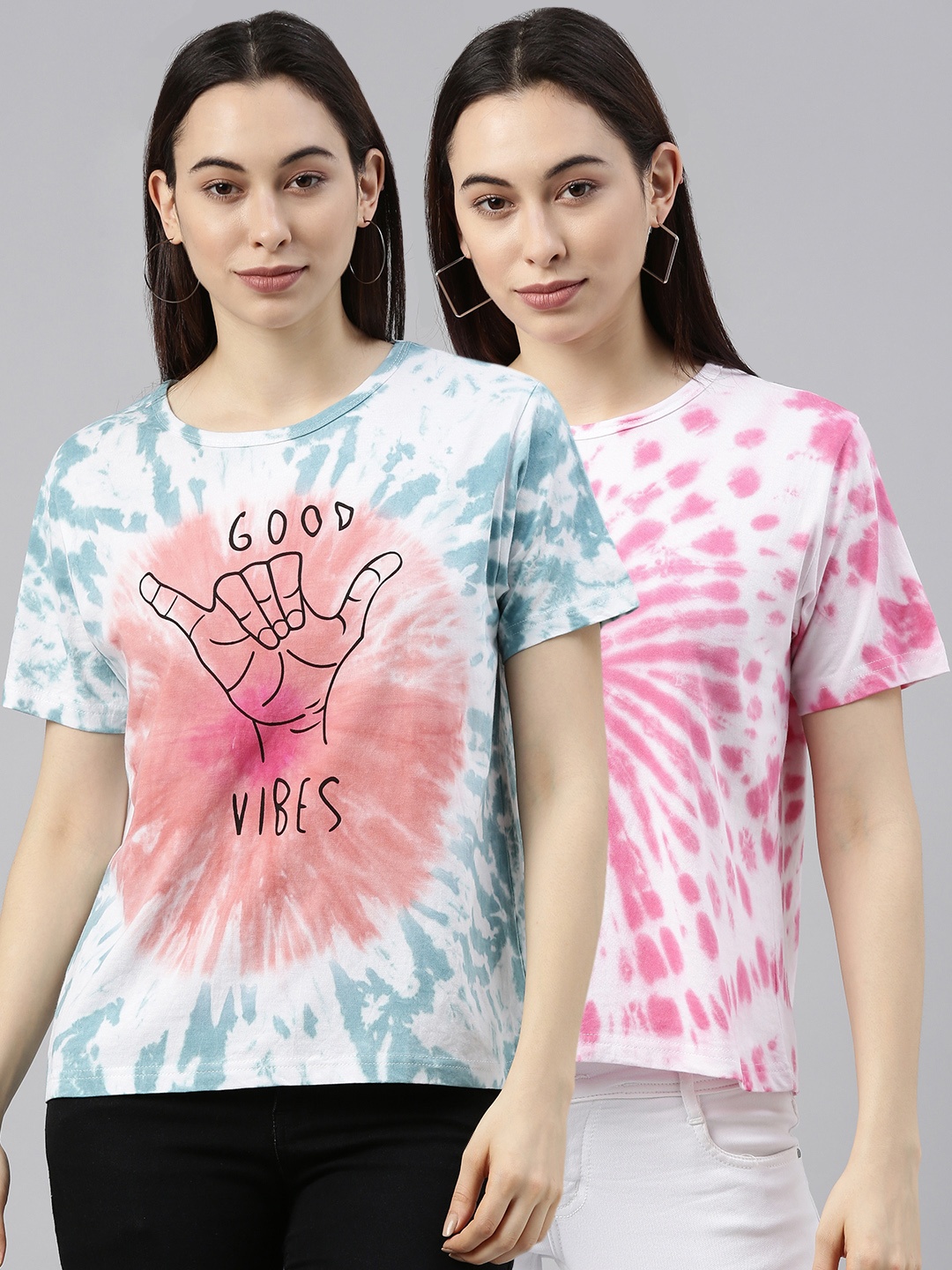 

JUNEBERRY Women Pack of 2 Multicoloured Tie and Dye T-shirt, Multi