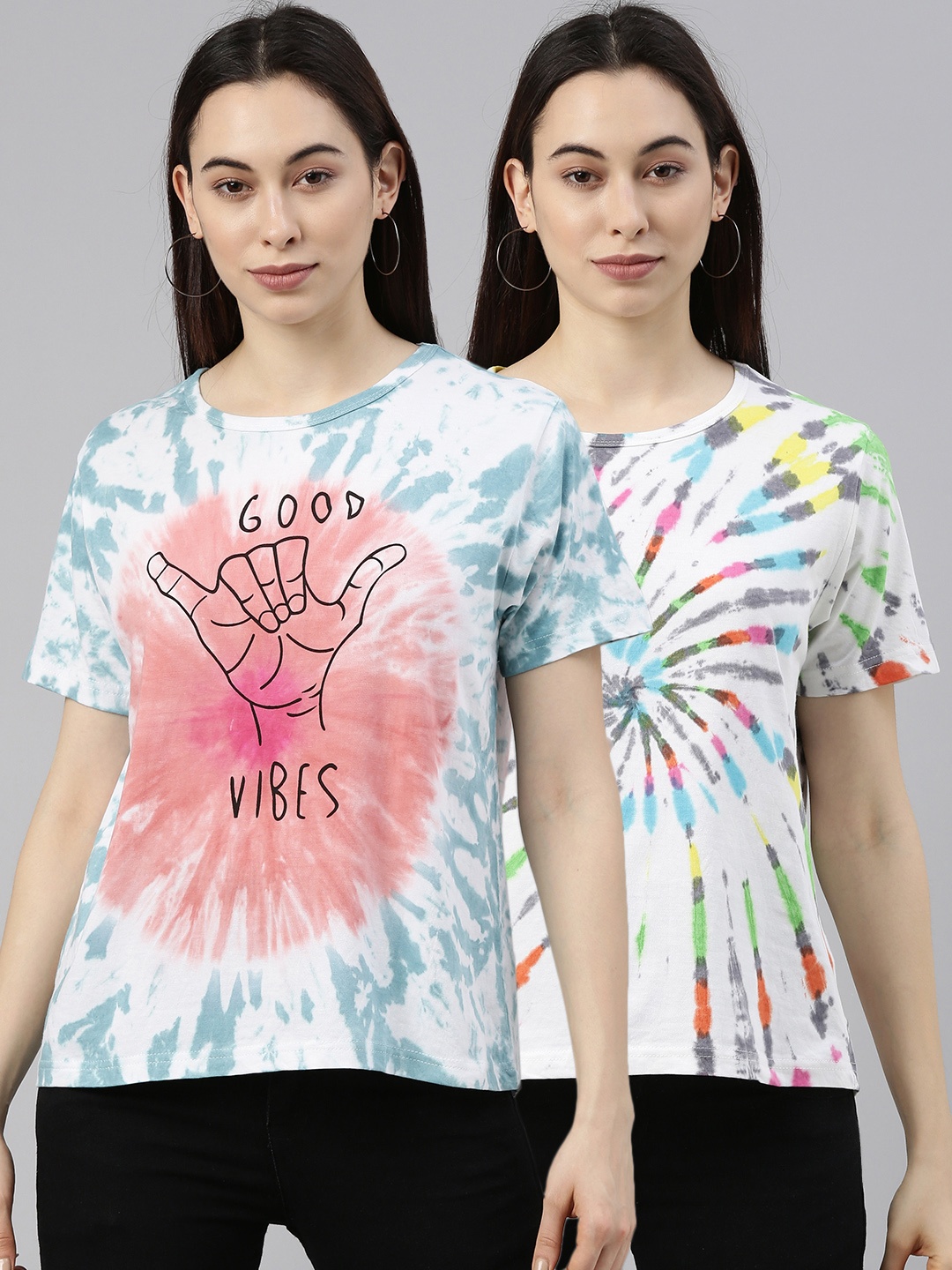 

JUNEBERRY Women Pack of 2 Multicoloured Tie and Dye T-shirt, Multi