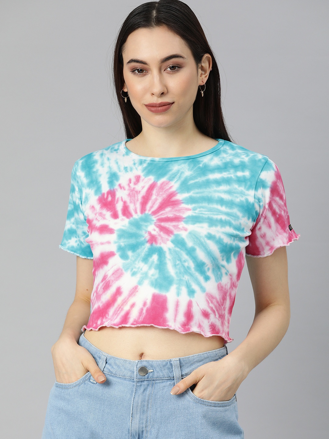 

JUNEBERRY Women Blue & Pink Dyed T-shirt