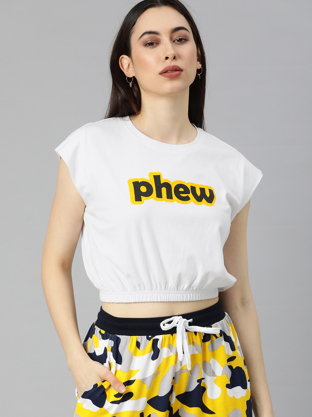 

JUNEBERRY Women White & Yellow Extended Sleeves Crop Pure Cotton T-shirt