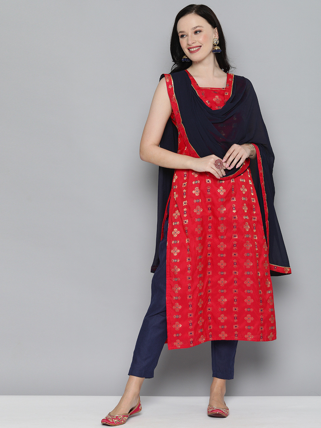 

Kvsfab Women Red & Navy Blue Ethnic Motifs Kurta with Trousers & With Dupatta
