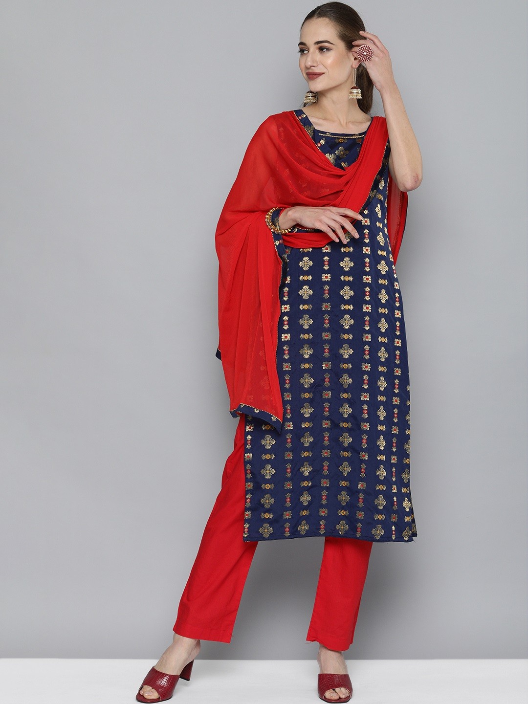 

Kvsfab Women Navy Blue & Red Ethnic Motifs Kurta with Trousers & With Dupatta