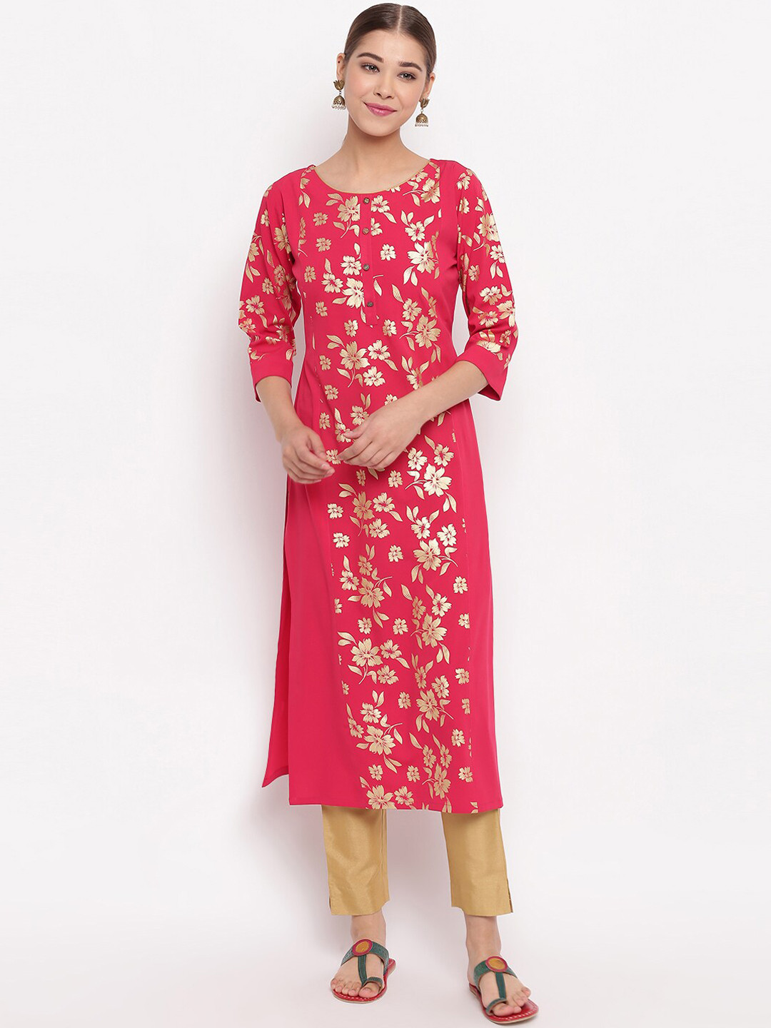 

Janasya Women Pink Floral Printed Crepe Kurta