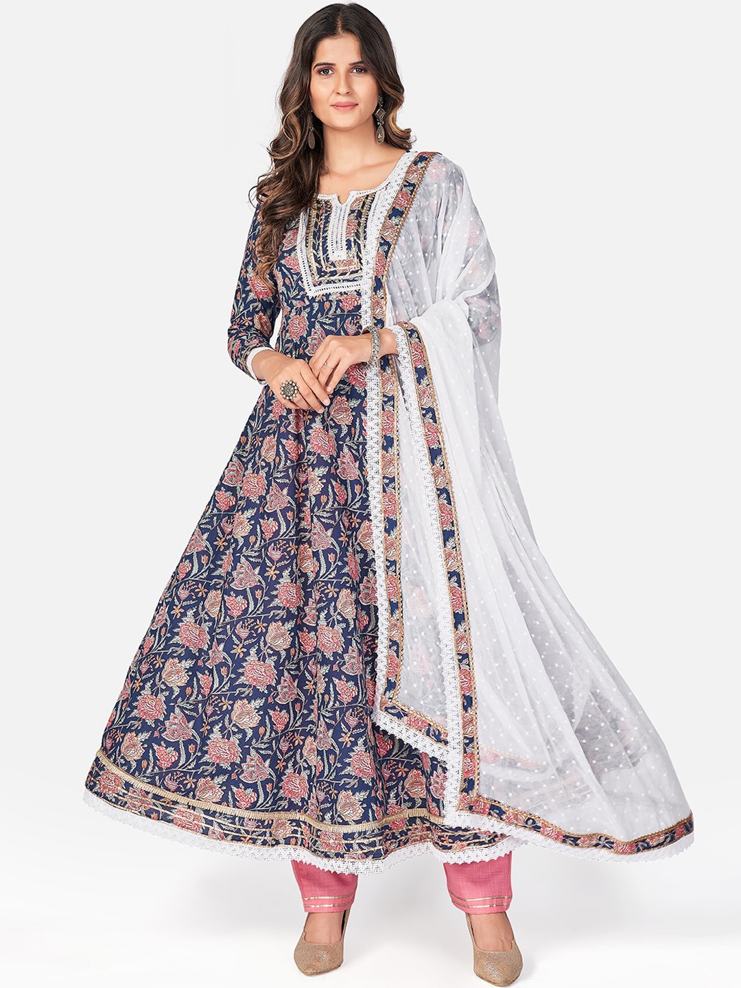 

Vbuyz Women Blue Floral Printed Gotta Patti Lace Anarkali Kurta with Trousers & Dupatta