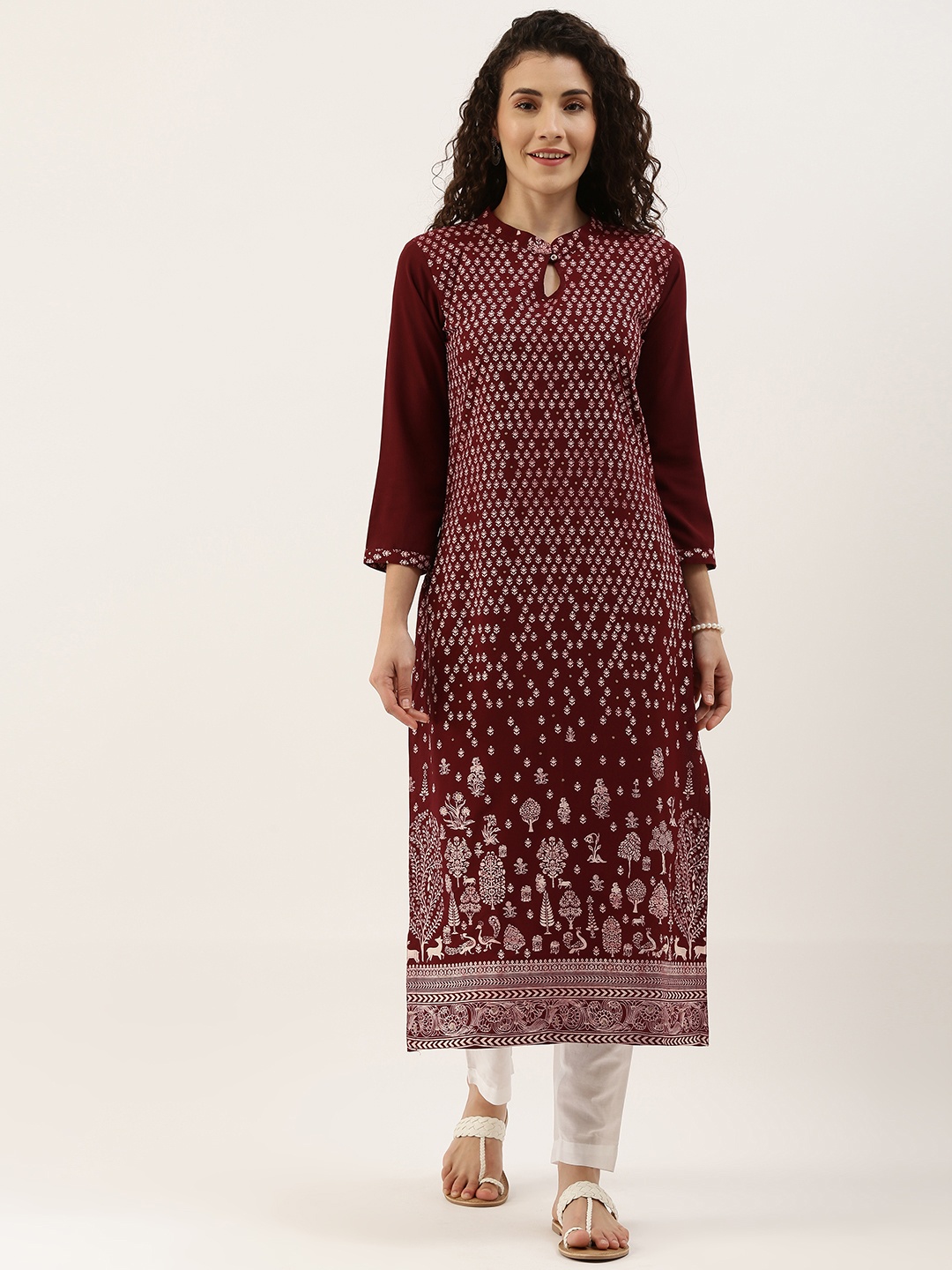 

SheWill Women Maroon Ethnic Motifs Printed Keyhole Neck Crepe Kurta