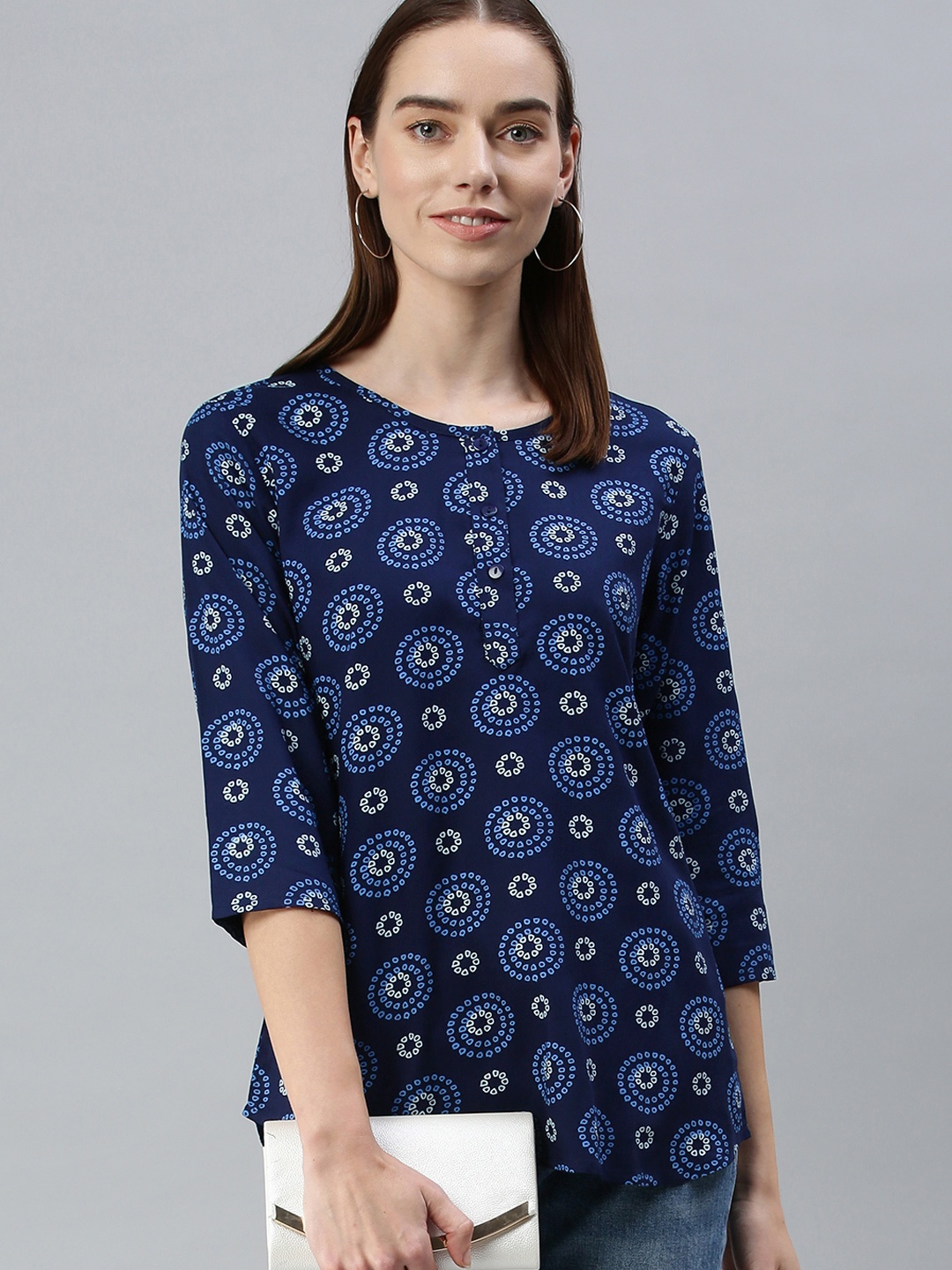 

NOT YET by us Navy Blue Printed Curved Hemline Top