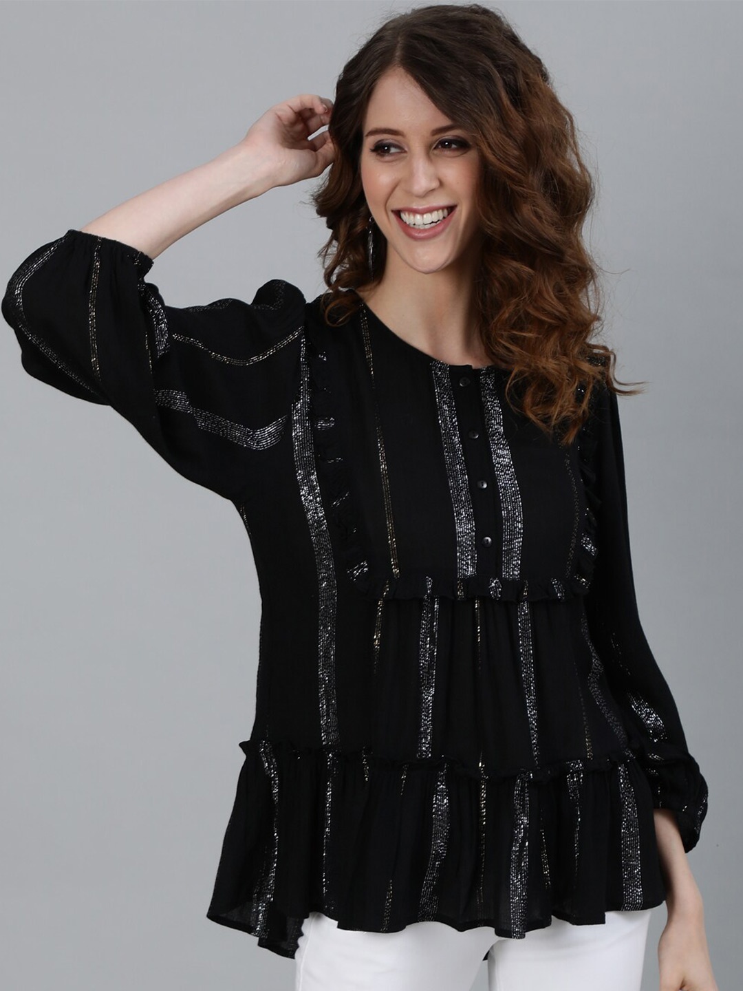 

Ishin Black Embellished Puff Sleeve Crepe Tiered Top