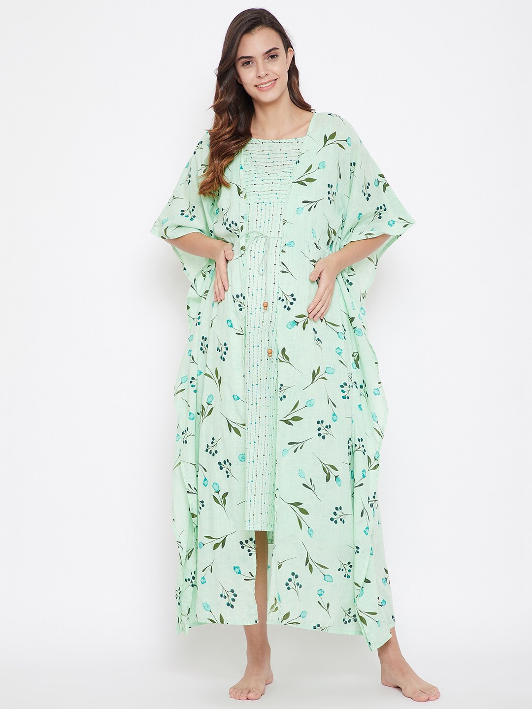 

The Kaftan Company Woman Green Floral Printed Maxi Nightdress