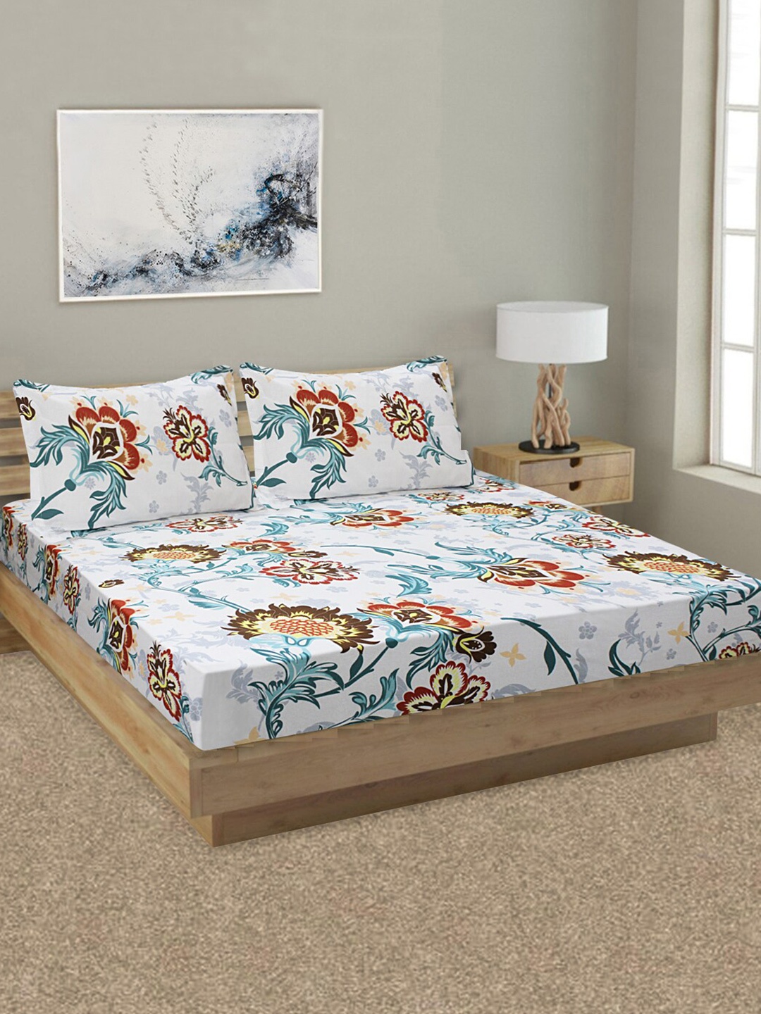 

Good Homes by Home Candy White & Green Floral 144 TC King Bedsheet with 2 Pillow Covers