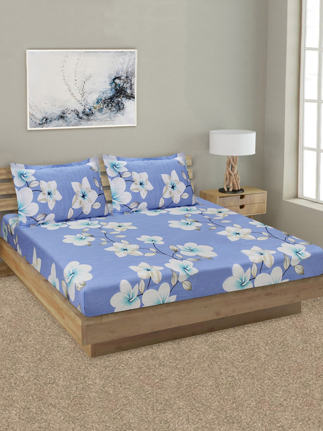 

Good Homes by Home Candy Blue & White Floral 144 TC King Bedsheet with 2 Pillow Covers