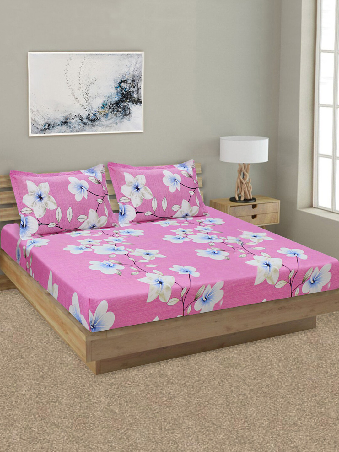 

Good Homes by Home Candy Pink & White Floral 144 TC King Bedsheet with 2 Pillow Covers