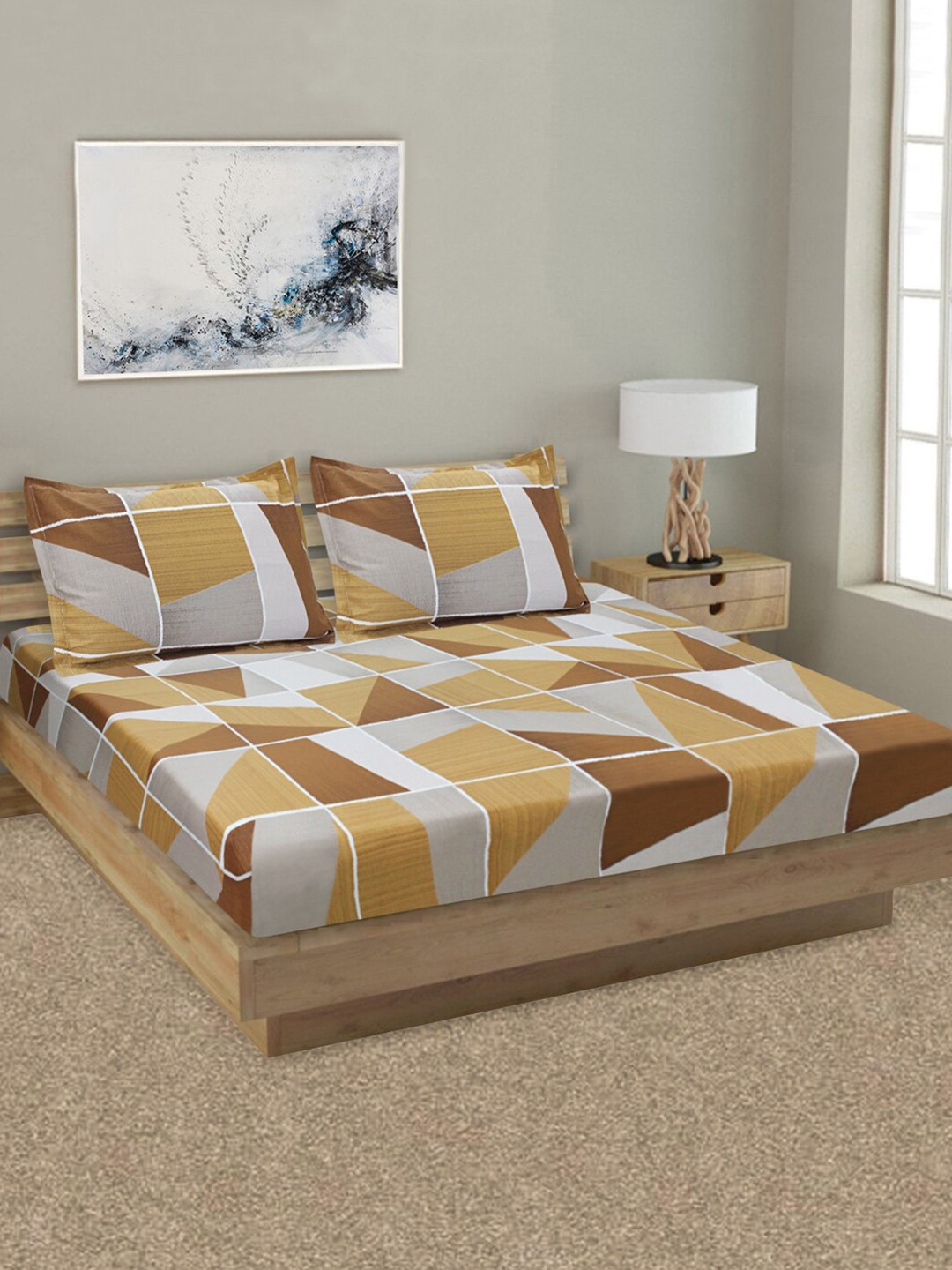 

Good Homes by Home Candy Brown & Grey 144 TC Cotton King Bedsheet with 2 Pillow Covers
