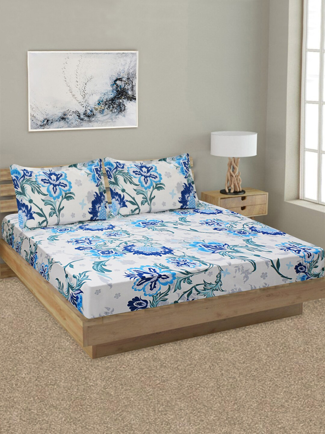 

Good Homes by Home Candy White & Blue Floral 144 TC King Bedsheet with 2 Pillow Covers
