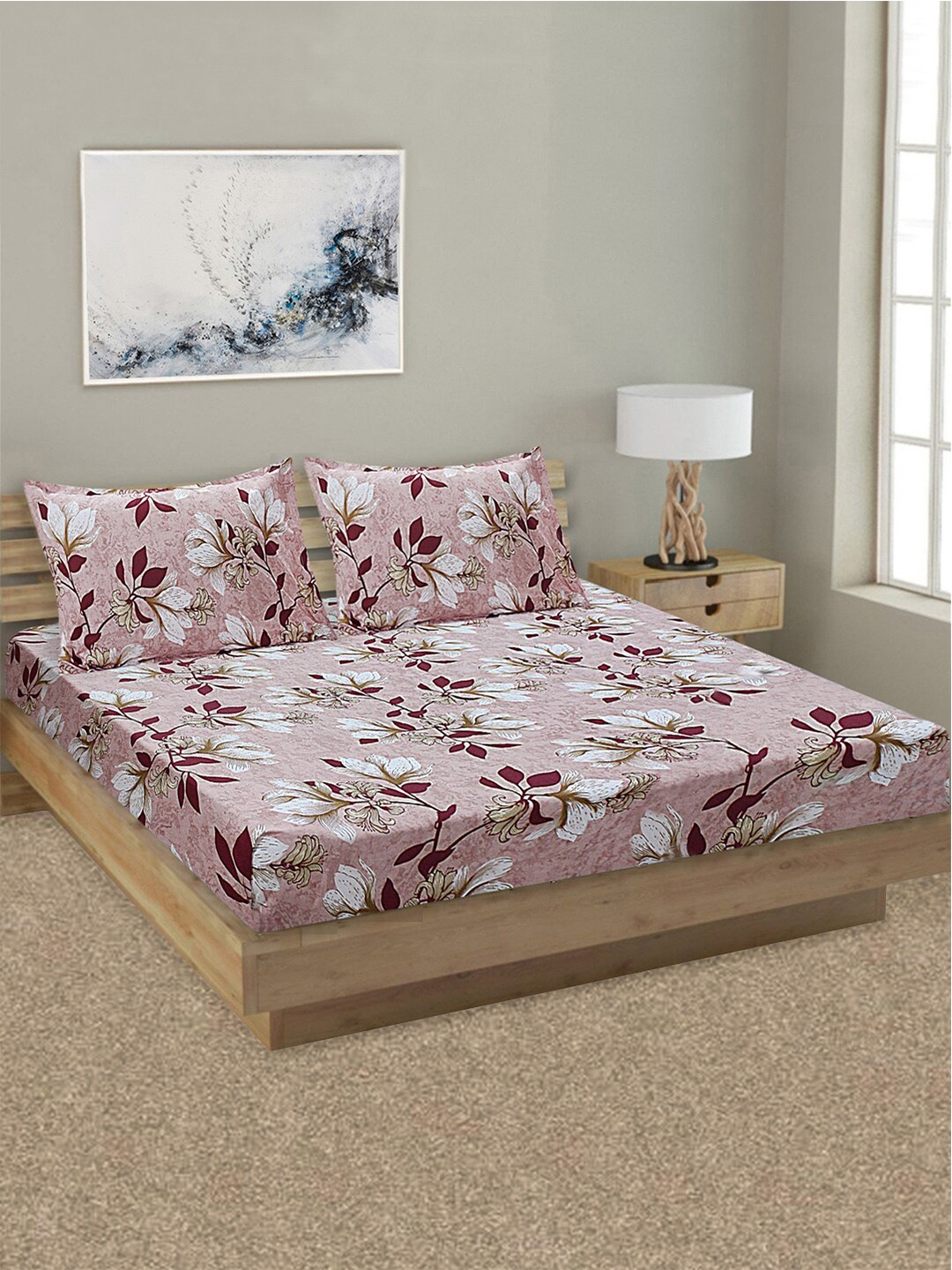 

Good Homes by Home Candy Mauve & Maroon Floral 144 TC King Bedsheet with 2 Pillow Covers