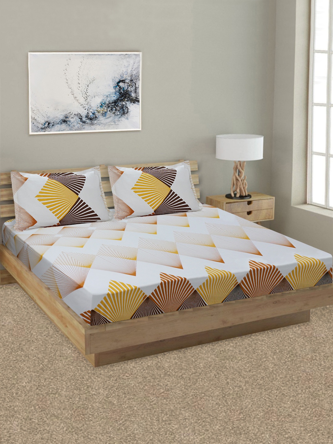 

Good Homes by Home Candy White & Yellow Geometric 144 TC King Bedsheet with 2 Pillow Covers