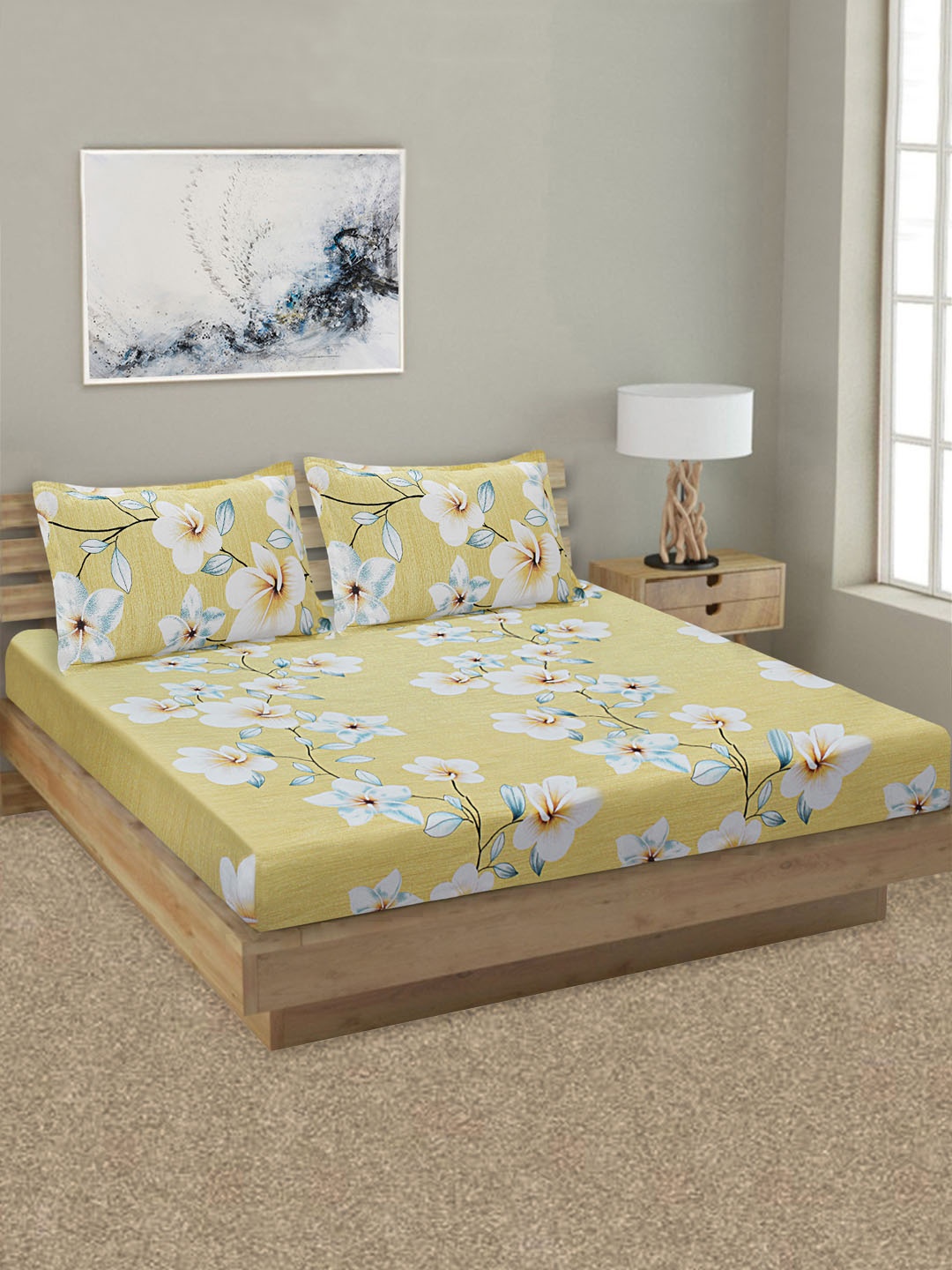 

Good Homes by Home Candy Yellow & White Floral 144 TC King Bedsheet with 2 Pillow Covers