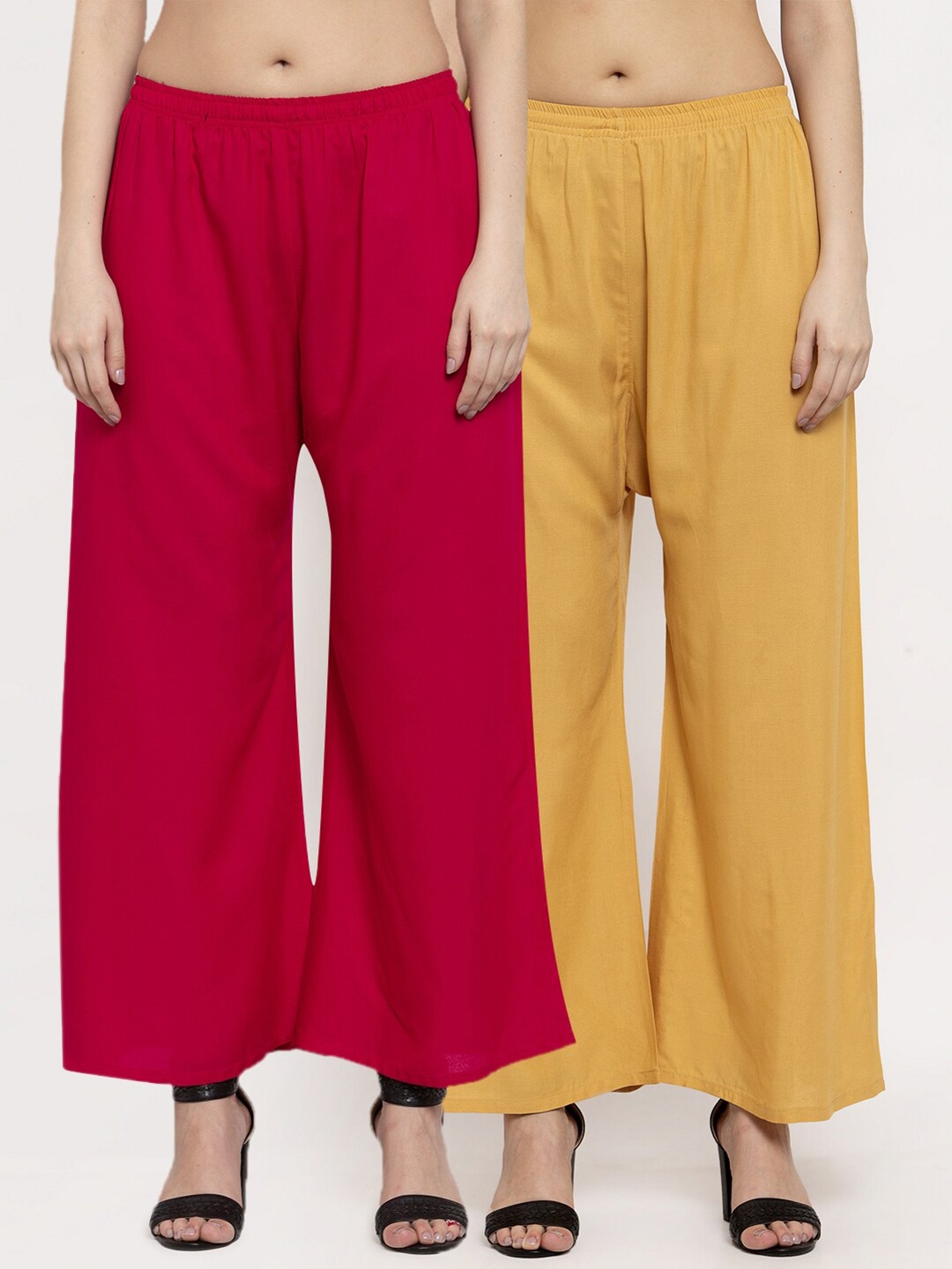 

Miaz Lifestyle Women Set of 2 Red & Mustard Solid Wide Leg Palazzos