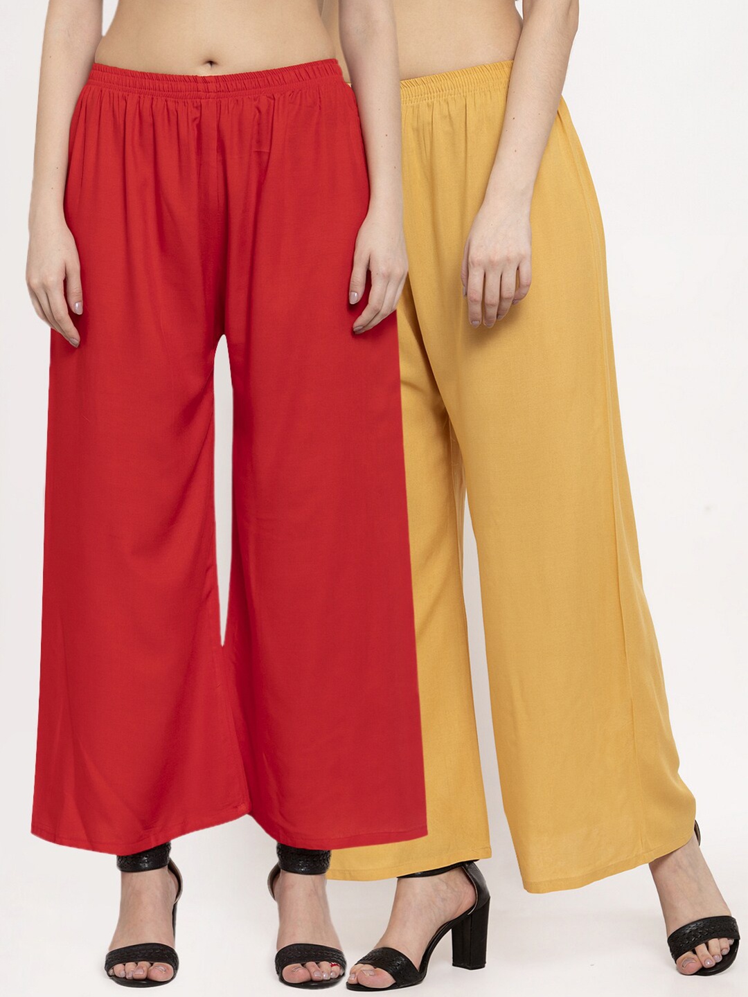 

Miaz Lifestyle Women Set of 2 Red & Mustard Yellow Solid Wide Leg Palazzos