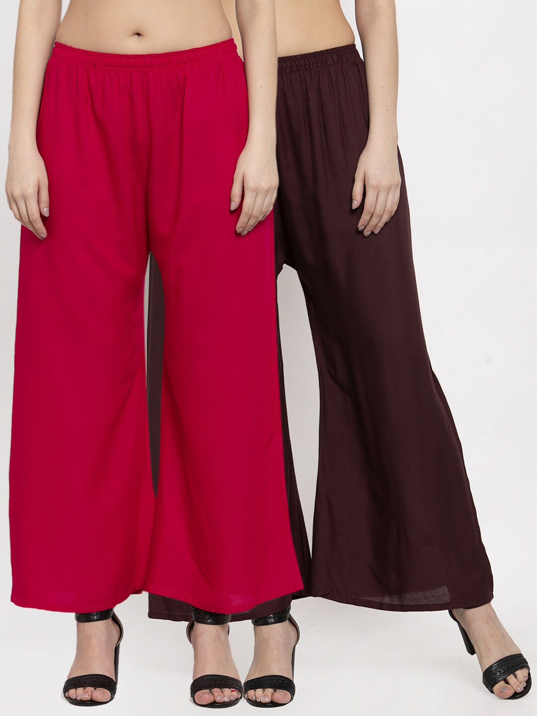 

Miaz Lifestyle Women Brown & Pink Pack of 2 Solid Wide Leg Woven Palazzos, Red