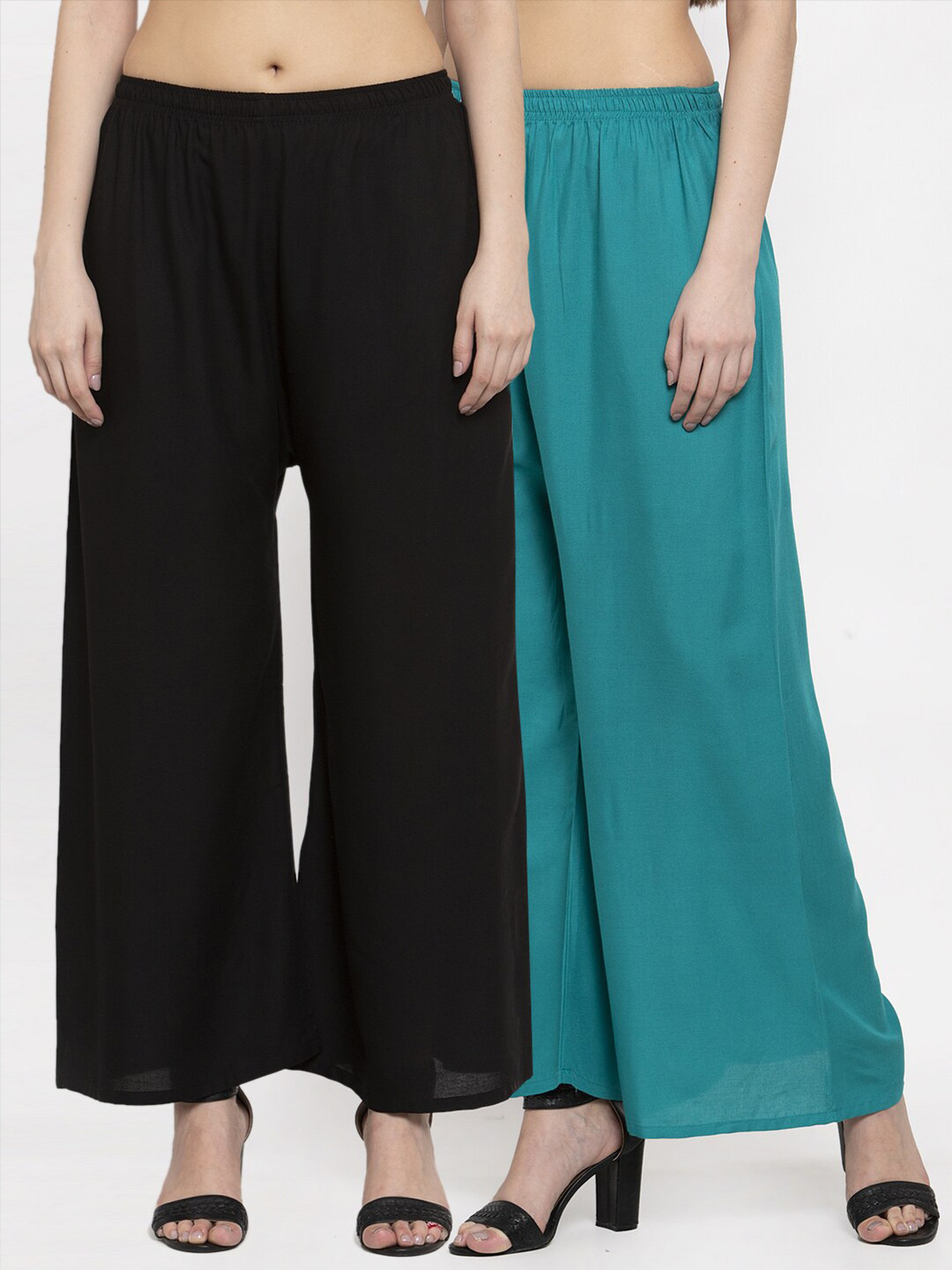 

Miaz Lifestyle Women Black & Turquoise Blue Pack of 2 Solid Wide Leg Woven Palazzos