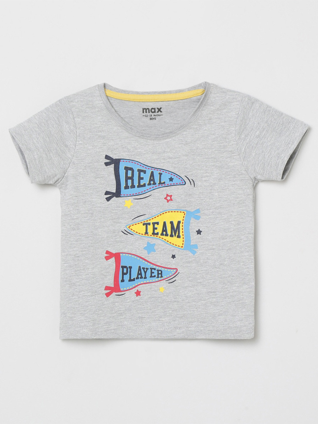 

max Boys Grey Typography Printed V-Neck Applique T-shirt