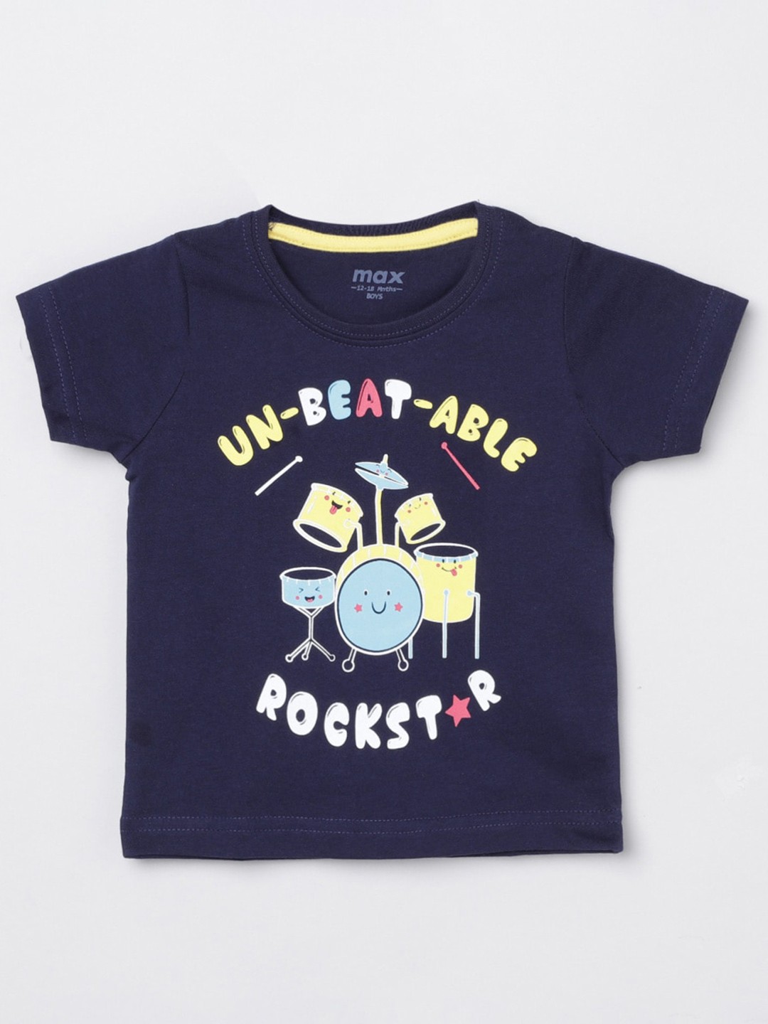 

max Boys Navy Blue Yellow Graphic Printed Cotton Pure Cotton T-shirt