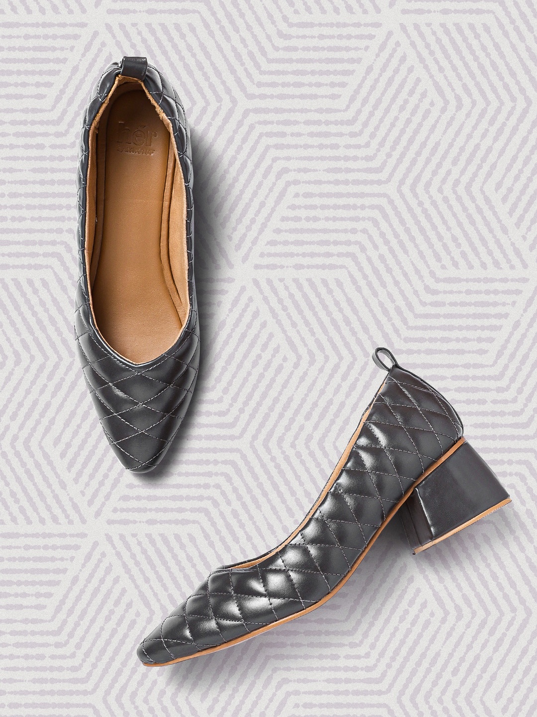 

her by invictus Gunmetal-Toned Quilted Pointed Toe Block Pumps, Metallic