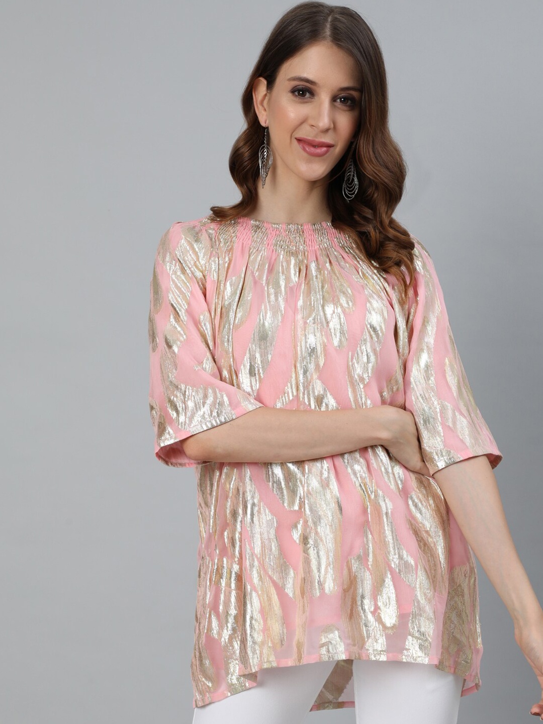 

Ishin Pink Floral Round Neck Crepe A-Line Top