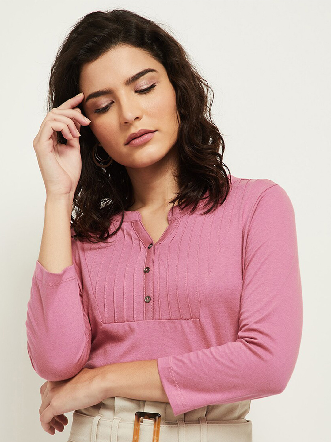 

max Women Pink Mandarin Collar Regular Top