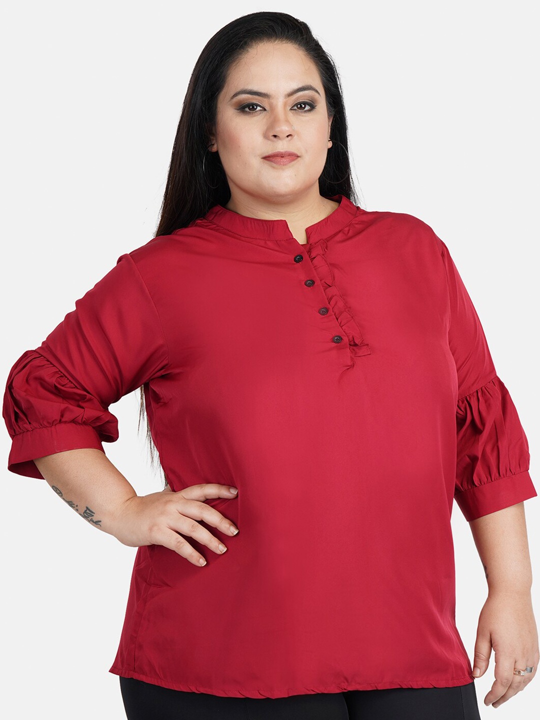 

Indietoga Maroon Solid Crepe Plus Size Regular Top
