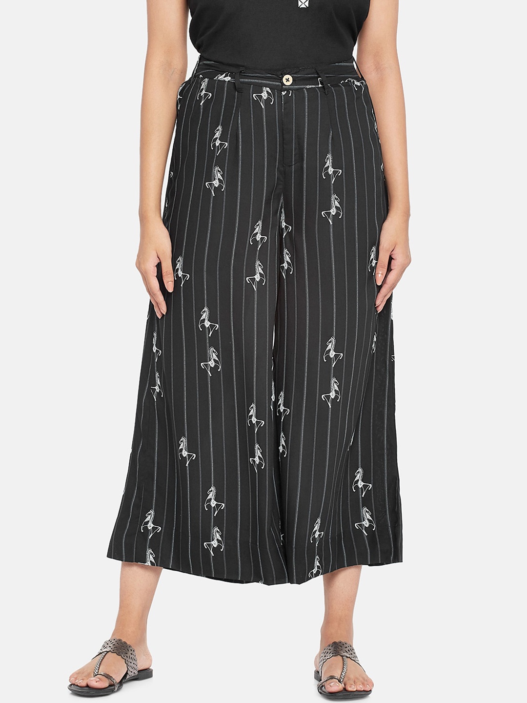 

AKKRITI BY PANTALOONS Women Black Striped Culottes Trousers