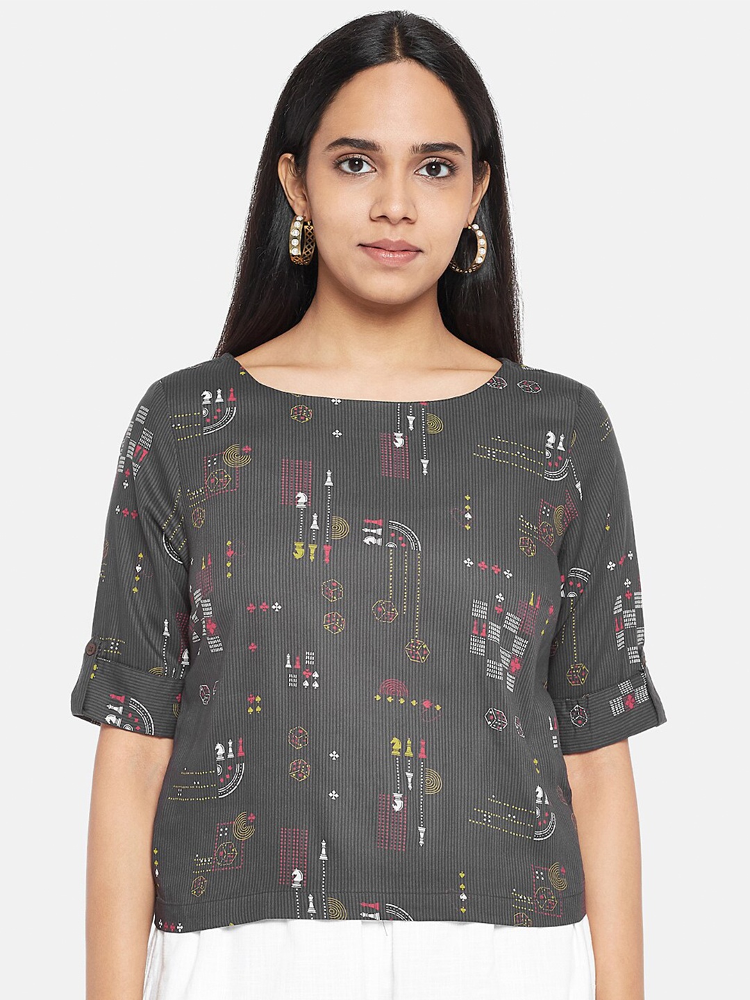 

AKKRITI BY PANTALOONS Women Charcoal Grey Abstract Printed Regular Top