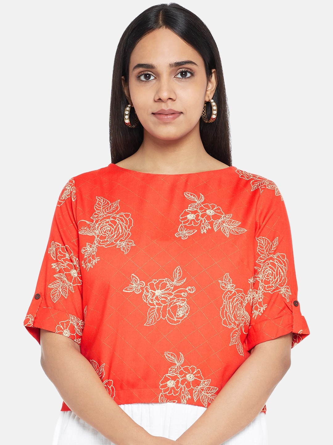

AKKRITI BY PANTALOONS Women Coral Floral Embroidered Styled Back Crop Top